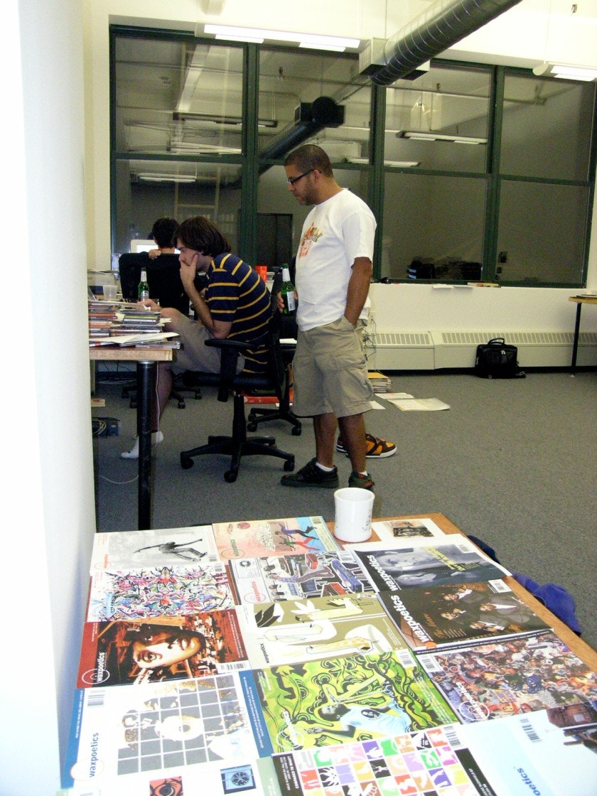 A couple weeks later, the team (left to right: Kevin, Brian, and Andre) set out to close Issue 14 and send it off to print within a week. Brooklyn office, September 17, 2005.